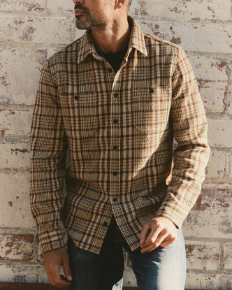 fit model showing off The Utility Shirt in Homestead Check Sashiko
