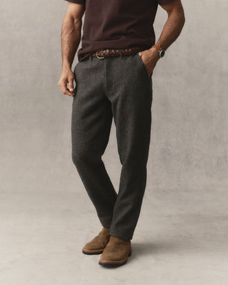 fit model showing off The Carnegie Pant in Walnut Herringbone Wool