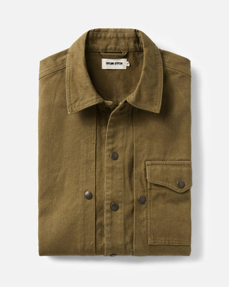 folded flatlay of The Pacific Overshirt in Bay Leaf Hemp Canvas