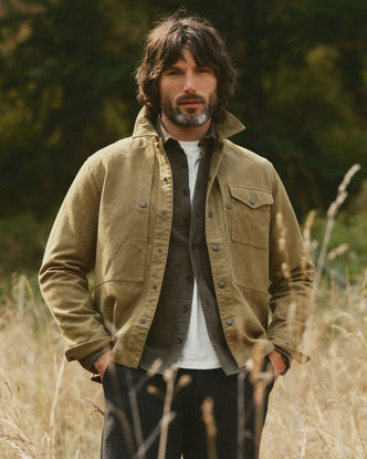 fit model showing off The Pacific Overshirt in Bay Leaf Hemp Canvas